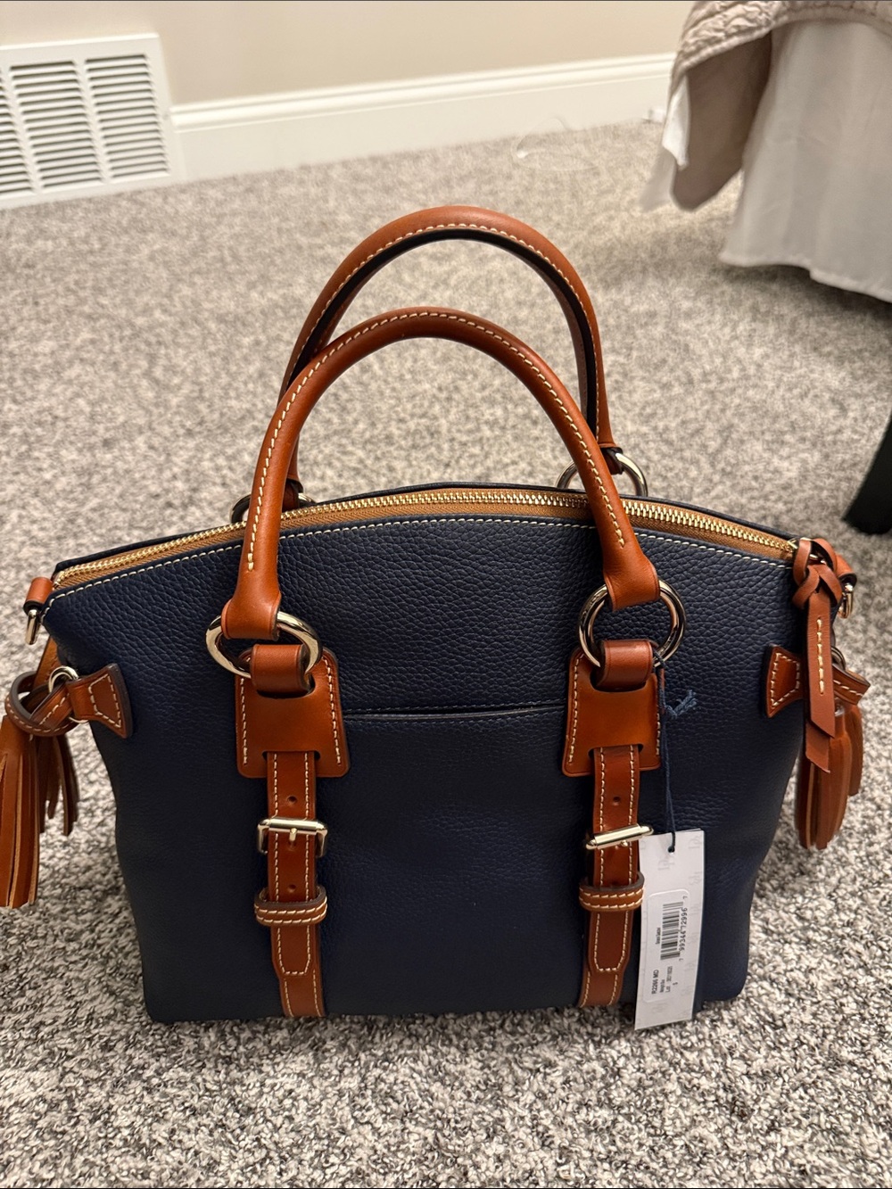 Dooney & Bourke Navy Leather Satchel with Brown Trim - Picture 2 of 5